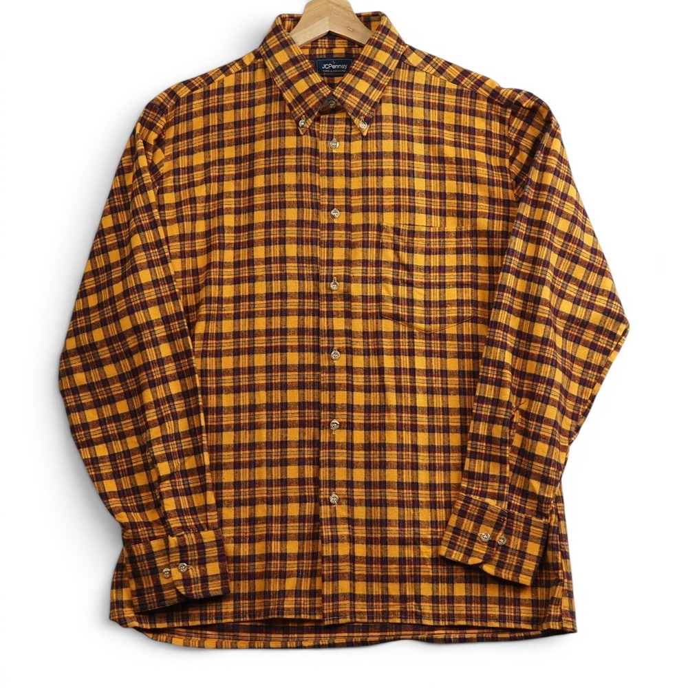 VTG 90s JCPenney Mens Flannel Shirt Large Orange Purple 100% Cotton Deadstock